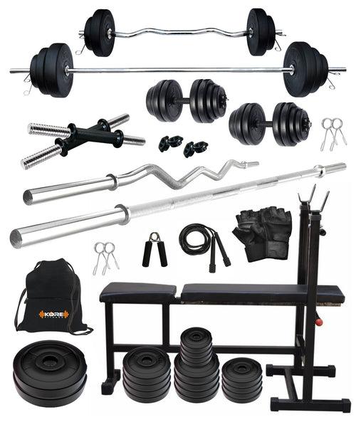 Kore PVC 20-100 kg Home Gym Set with One 3 Ft Curl + 5 Ft Plain Rod and One Pair Dumbbell Rods with 3 In 1 Multipurpose Bench and Gym Accessories (PVC-COMBO5)