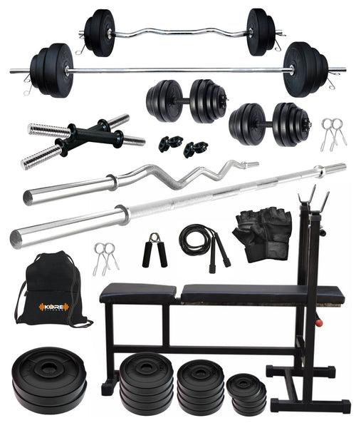 Kore PVC 20-100 kg Home Gym Set with One 3 Ft Curl + 5 Ft Plain Rod and One Pair Dumbbell Rods with 3 In 1 Multipurpose Bench and Gym Accessories (PVC-COMBO5)