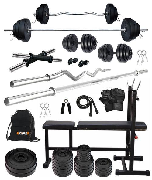 Kore PVC 20-100 kg Home Gym Set with One 3 Ft Curl + 5 Ft Plain Rod and One Pair Dumbbell Rods with 3 In 1 Multipurpose Bench and Gym Accessories (PVC-COMBO5)