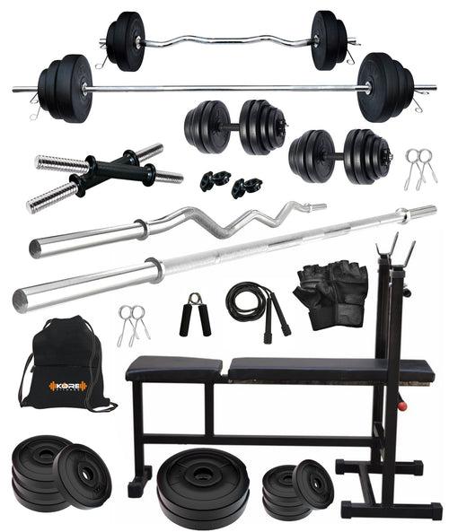 Kore PVC 20-100 kg Home Gym Set with One 3 Ft Curl + 5 Ft Plain Rod and One Pair Dumbbell Rods with 3 In 1 Multipurpose Bench and Gym Accessories (PVC-COMBO5)