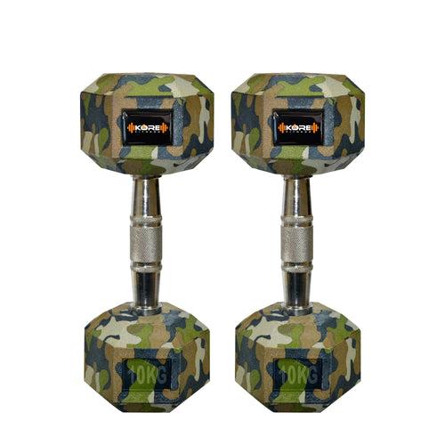 Kore Rubber Coated Professional 2.5-10 Kg (Set of Two) Hexa Fixed Dumbbells Home Gym Exercise Equipment for Men & Women, Camouflage (DM-HEXA-COMBO16-CAMO)