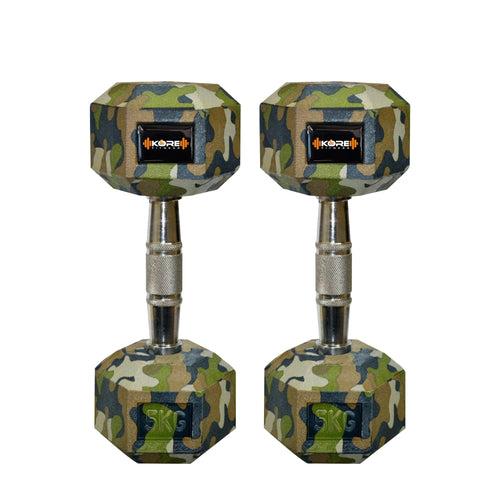 Kore Rubber Coated Professional 2.5-10 Kg (Set of Two) Hexa Fixed Dumbbells Home Gym Exercise Equipment for Men & Women, Camouflage (DM-HEXA-COMBO16-CAMO)