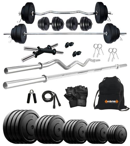 Kore 10-100 kg Home Gym Set with One 3 Ft Curl + 5 Ft Plain Rod and One Pair Dumbbell Rods with Gym Accessories (COMBO2)