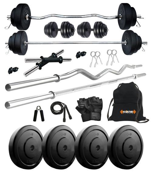 Kore 10-50 kg Home Gym Set with One 3 Ft Curl + 3 Ft Plain Rod and One Pair Dumbbell Rods with Gym Accessories (COMBO343)