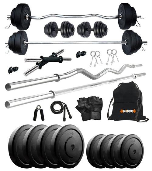 Kore 10-50 kg Home Gym Set with One 3 Ft Curl + 3 Ft Plain Rod and One Pair Dumbbell Rods with Gym Accessories (COMBO343)