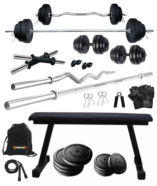Kore 20-100 kg One 3 Ft Curl + 5 Ft Plain Rod and One Pair Dm Rods with Flat Bench and Gym Accessories (COMBO7)