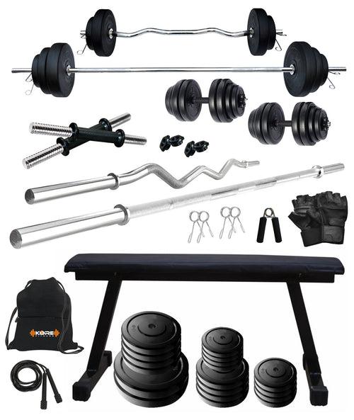 Kore 20-100 kg One 3 Ft Curl + 5 Ft Plain Rod and One Pair Dm Rods with Flat Bench and Gym Accessories (COMBO7)