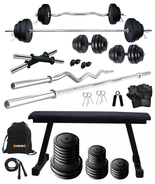 Kore 20-100 kg One 3 Ft Curl + 5 Ft Plain Rod and One Pair Dm Rods with Flat Bench and Gym Accessories (COMBO7)