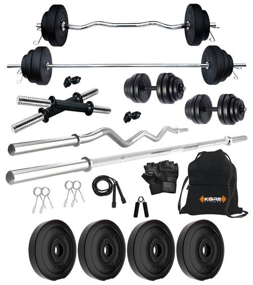 Kore PVC 10-100 kg Home Gym Set with One 3 Ft Curl + 4 Ft Plain Rod and One Pair Dumbbell Rods with Gym Accessories (PVC-COMBO42)