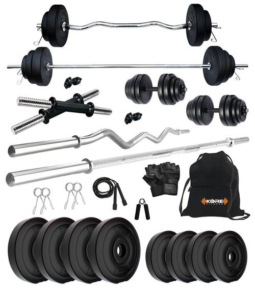 Kore PVC 10-100 kg Home Gym Set with One 3 Ft Curl + 4 Ft Plain Rod and One Pair Dumbbell Rods with Gym Accessories (PVC-COMBO42)