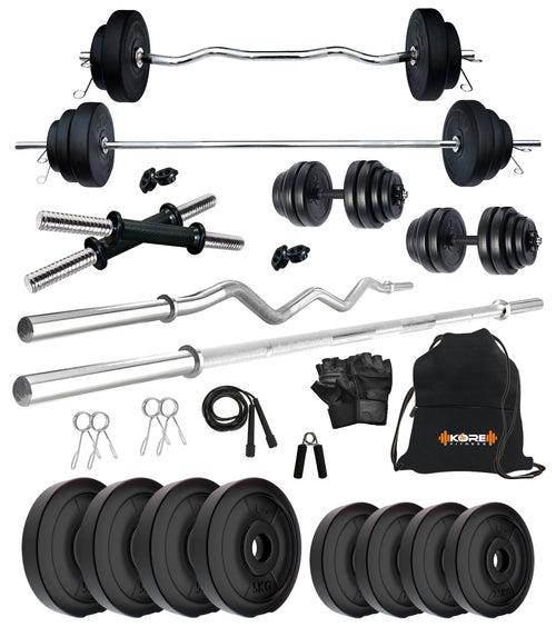 Kore PVC 10-100 kg Home Gym Set with One 3 Ft Curl + 4 Ft Plain Rod and One Pair Dumbbell Rods with Gym Accessories (PVC-COMBO42)