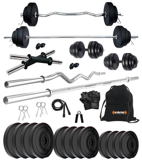 Kore PVC 10-100 kg Home Gym Set with One 3 Ft Curl + 4 Ft Plain Rod and One Pair Dumbbell Rods with Gym Accessories (PVC-COMBO42)