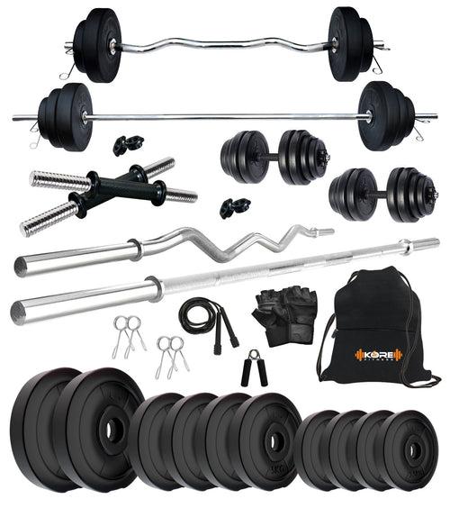 Kore PVC 10-100 kg Home Gym Set with One 3 Ft Curl + 4 Ft Plain Rod and One Pair Dumbbell Rods with Gym Accessories (PVC-COMBO42)