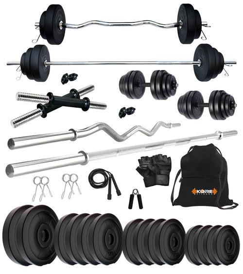 Kore PVC 10-100 kg Home Gym Set with One 3 Ft Curl + 4 Ft Plain Rod and One Pair Dumbbell Rods with Gym Accessories (PVC-COMBO42)