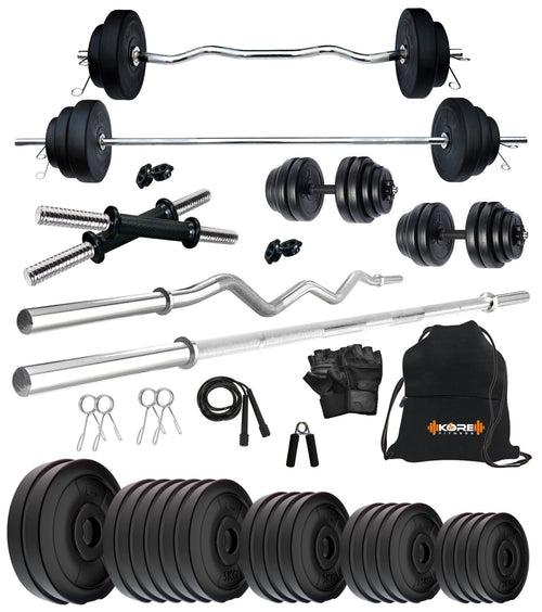 Kore PVC 10-100 kg Home Gym Set with One 3 Ft Curl + 4 Ft Plain Rod and One Pair Dumbbell Rods with Gym Accessories (PVC-COMBO42)