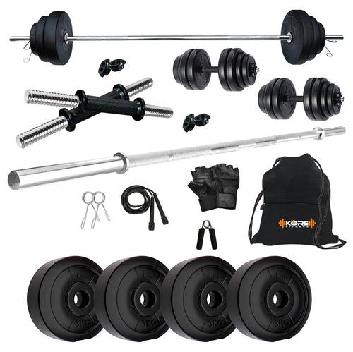 Kore PVC 10-50 kg Home Gym Set with One 3 Ft Plain and One Pair Dumbbell Rods with Gym Accessories (PVC-COMBO43)