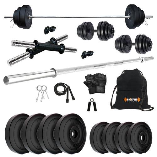 Kore PVC 10-50 kg Home Gym Set with One 3 Ft Plain and One Pair Dumbbell Rods with Gym Accessories (PVC-COMBO43)