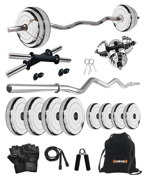 Kore Professional Steel 10-50 kg Home Gym Set with One 3 Ft Curl and One Pair Dumbbell Rods with Gym Accessories (SP-COMBO3)