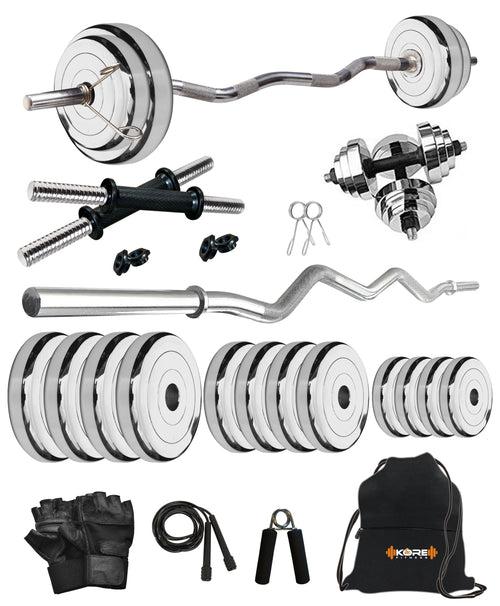 Kore Professional Steel 10-50 kg Home Gym Set with One 3 Ft Curl and One Pair Dumbbell Rods with Gym Accessories (SP-COMBO3)