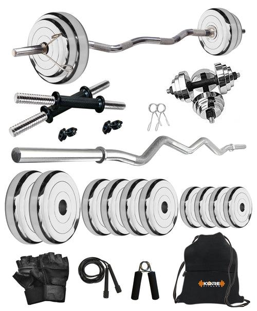 Kore Professional Steel 10-50 kg Home Gym Set with One 3 Ft Curl and One Pair Dumbbell Rods with Gym Accessories (SP-COMBO3)