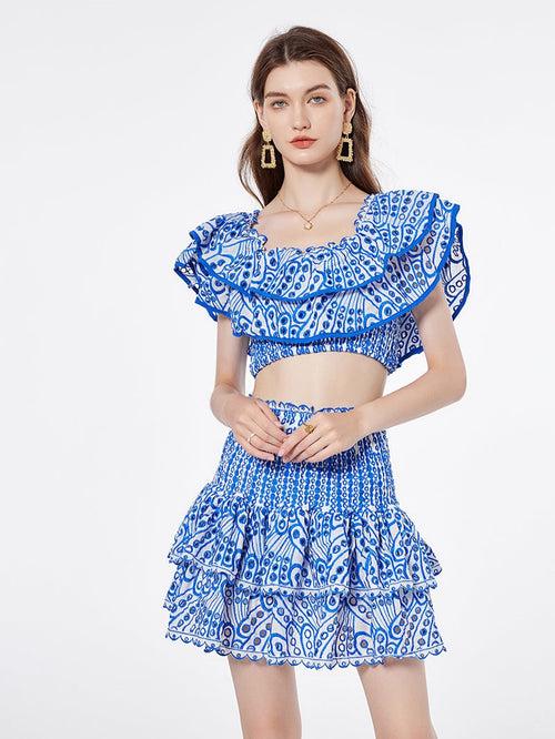 Embroidered Ruffle Crop Top & Short Skirt Coord Set