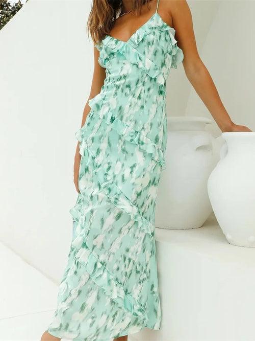 Green Ruffle Print Dress