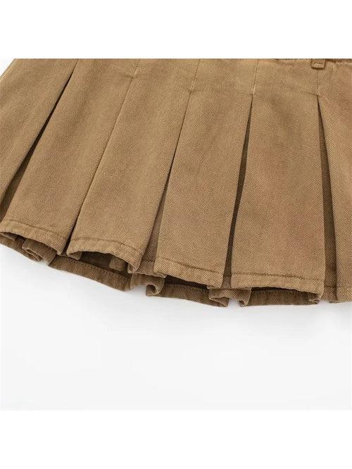 Khaki Denim Low Rise Pleated Skort