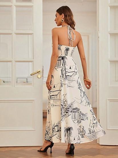 Halterneck Backless Vintage Printed Maxi Dress