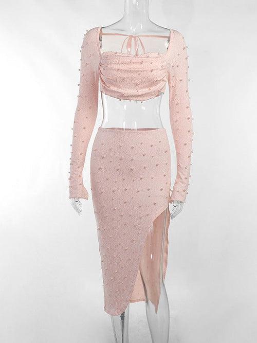 Pearl Beaded Crop Top & Sheath Skirt Coord Set