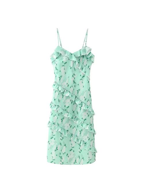 Green Ruffle Print Dress