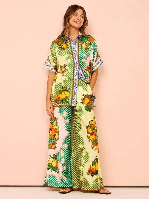 Fruit Print Short Sleeve Shirt & Pants Coord Set