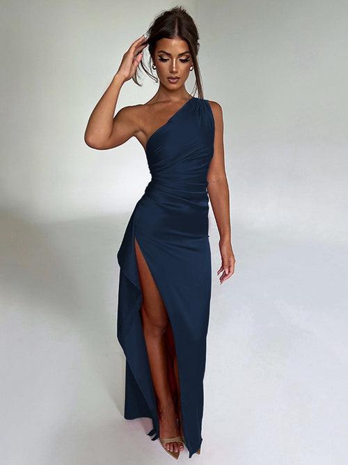 One Shoulder Pleated Split Satin Dress