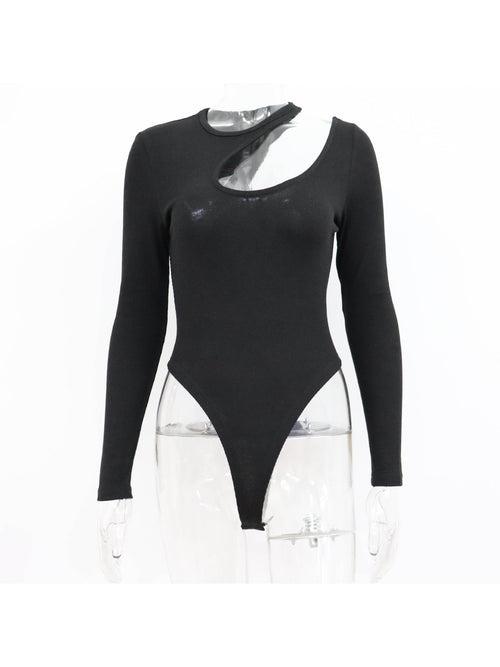 Rib Hollow Out Bodysuit Long Sleeve Top