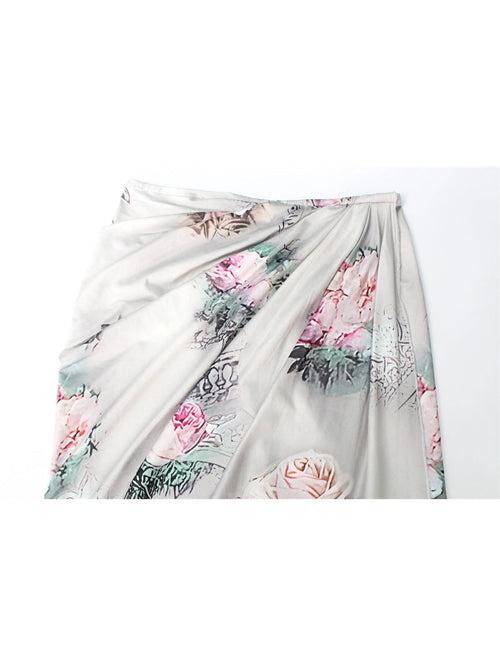 High Slit Floral Print Pleated Skirt Coord Set