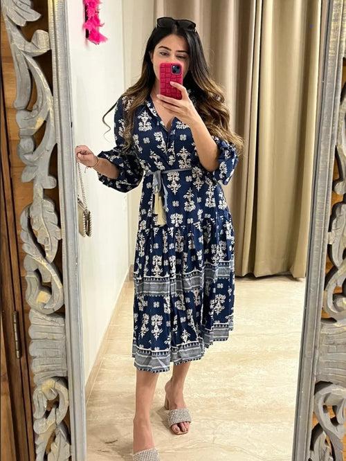 Raya Floral Print Blue Midi Dress with Belt