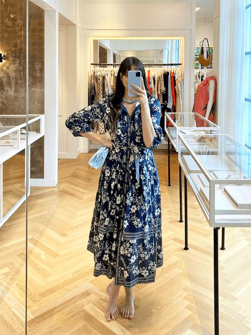 Raya Floral Print Blue Midi Dress with Belt