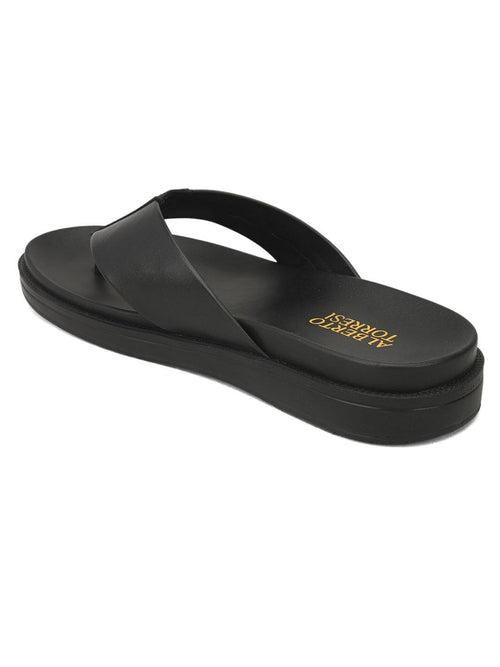 Deriko Black Genuine Leather Flip Flops For Men