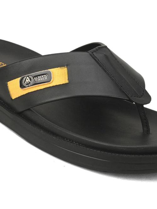 Deriko Black Genuine Leather Flip Flops For Men