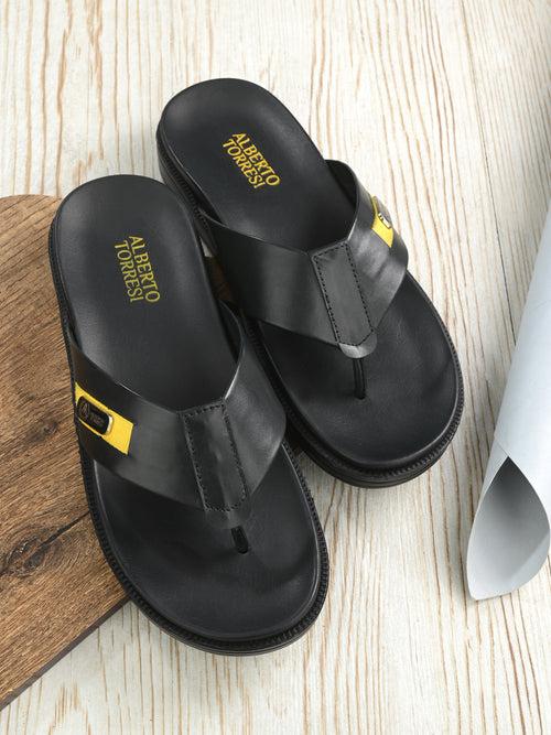 Deriko Black Genuine Leather Flip Flops For Men