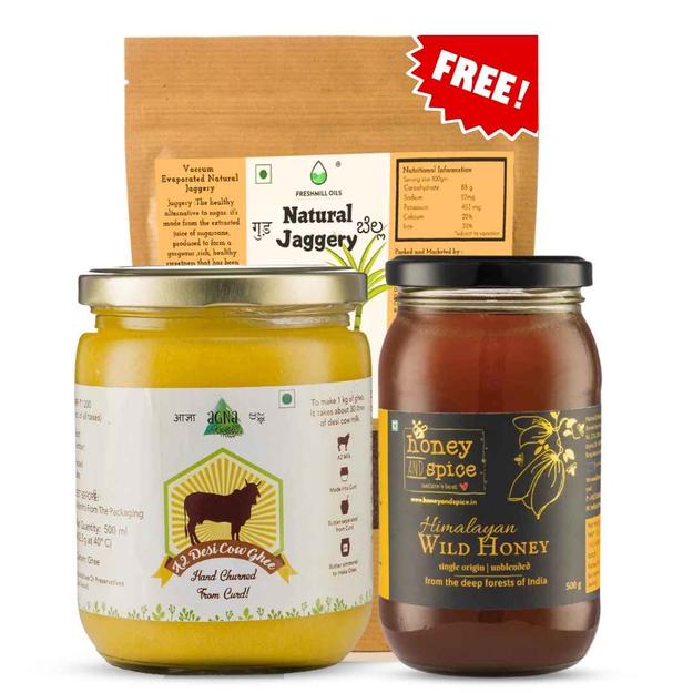 A2 Desi Cow Ghee(500ml) & Himalayan Wild Honey(500 gm.) + Natural Jaggery(1 kg) Free