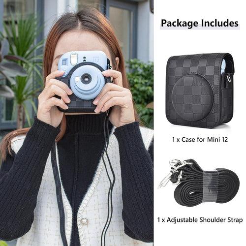 Zikkon Instax Mini 12 Protective Camera Case PU Leather Checkerboard Style Carrying Bag