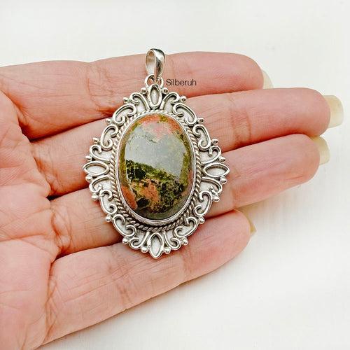 Unakite Ornamental Silver Pendant