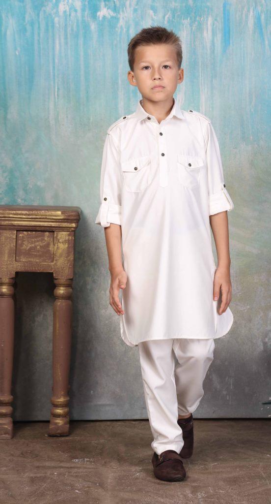 Boys White Plain Pthani Suit