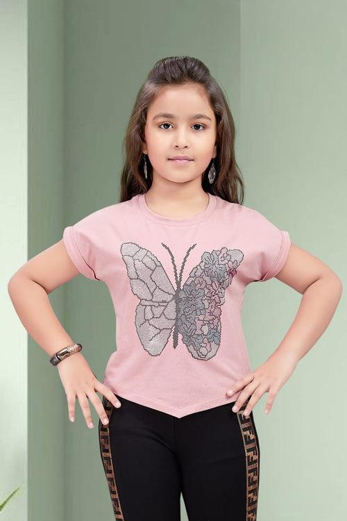 Girls Pink Butterfly Print Fancy Top