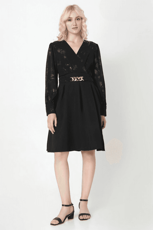 Women's Black Full Sleeve Fancy Midi