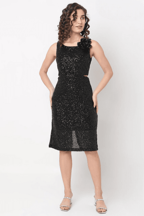 Women's Black Sleeve Less Fancy Midi