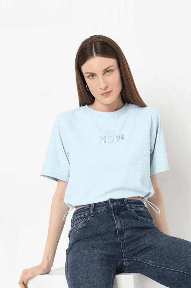 Women's Blue Round Neck Half Sleeve Fancy Crop Top