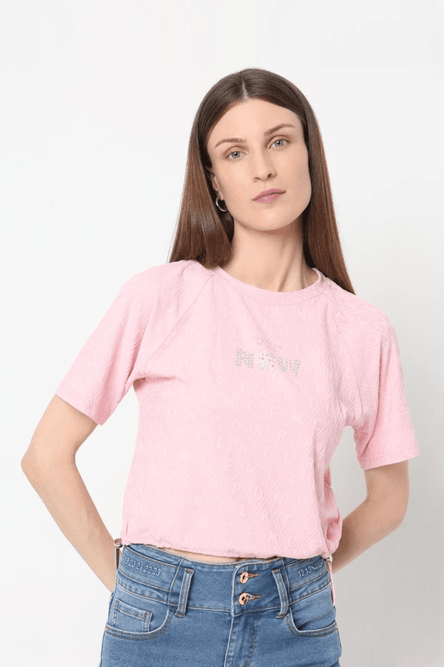 Women's Pink Round Neck Half Sleeve Fancy Crop Top