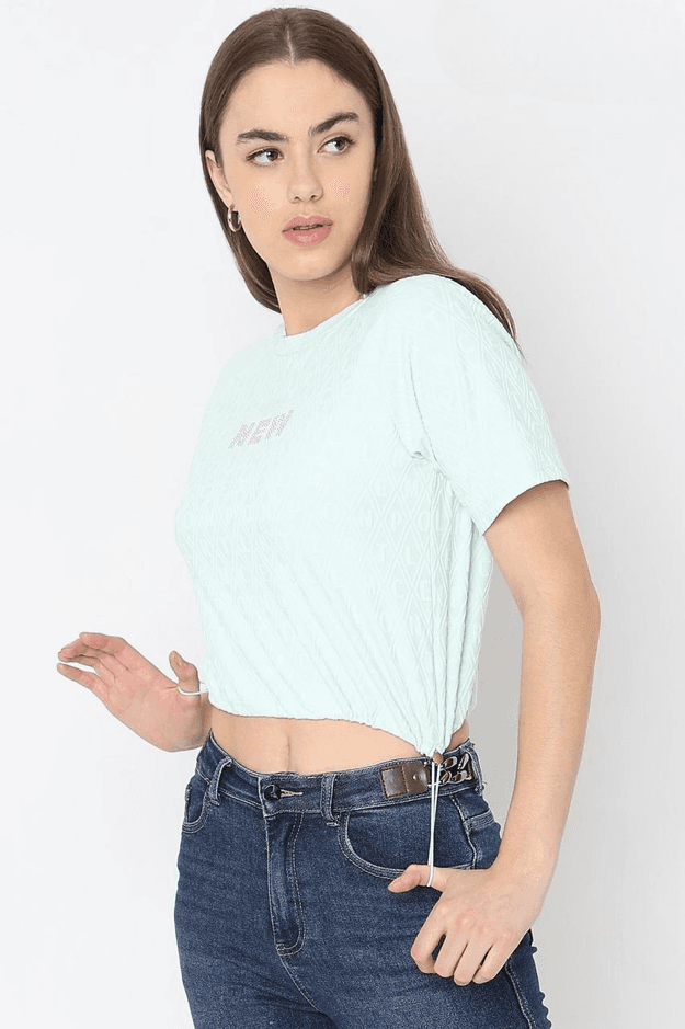 Women's Pista Green Round Neck Half Sleeve Fancy Crop Top