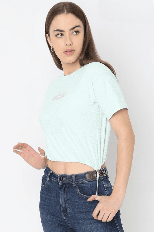 Women's Pista Green Round Neck Half Sleeve Fancy Crop Top